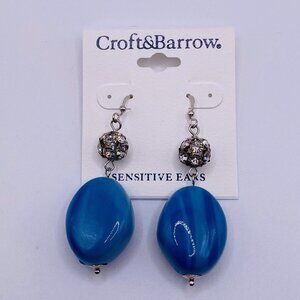 Croft & Barrow Blue Silvertone Rhinestone Bead Dangle Earrings New